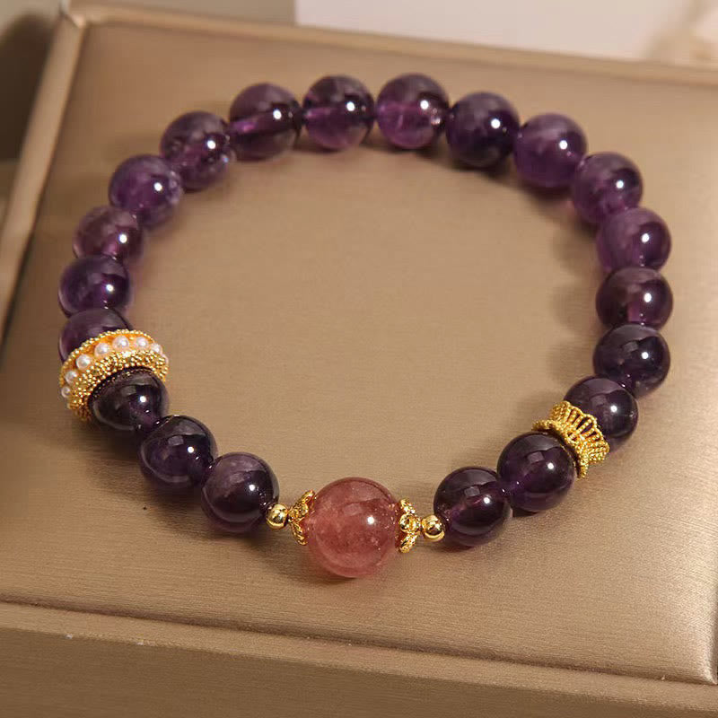 Buddha Stones天然アメジスト幸運のストロベリークォーツビーズ平和ブレスレット