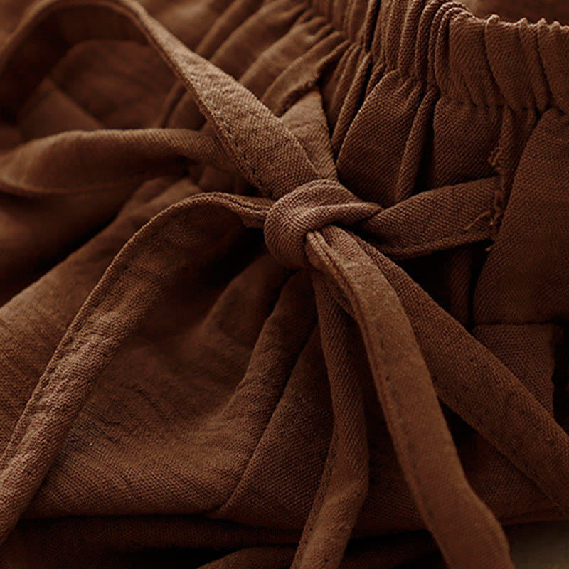 Buddha Stonesカジュアル エスニック シンプル ドローストリングデザイン レディース ワイドレッグ クロップドパンツ ポケット付き - image 3