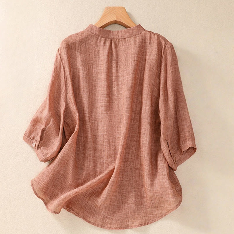 Buddha Stonesカジュアル デイリー 無地 ボタン フリルデザイン スタンドカラー レディース コットン リネン 七分袖 シャツ カーディガン - image 16