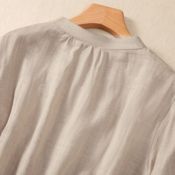 Buddha Stonesカジュアル デイリー 無地 ボタン フリルデザイン スタンドカラー レディース コットン リネン 七分袖 シャツ カーディガン - image 11