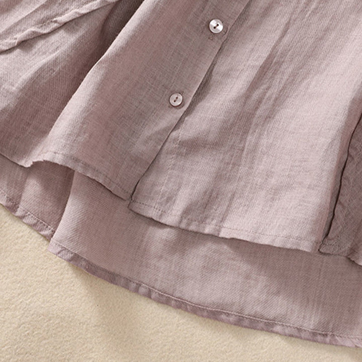 Buddha Stonesカジュアル デイリー 無地 ボタン フリルデザイン スタンドカラー レディース コットン リネン 七分袖 シャツ カーディガン - image 6
