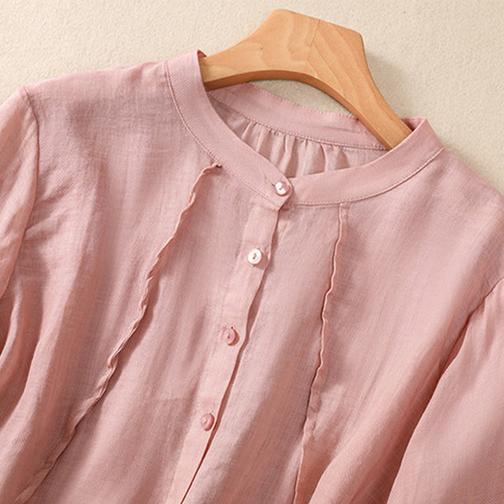 Buddha Stonesカジュアル デイリー 無地 ボタン フリルデザイン スタンドカラー レディース コットン リネン 七分袖 シャツ カーディガン - image 24