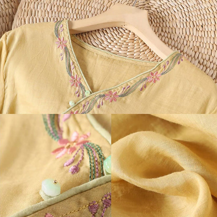 Buddha Stones春のレトロ刺繍ボタンデザイン七分袖レディースコットンシャツ - image 6