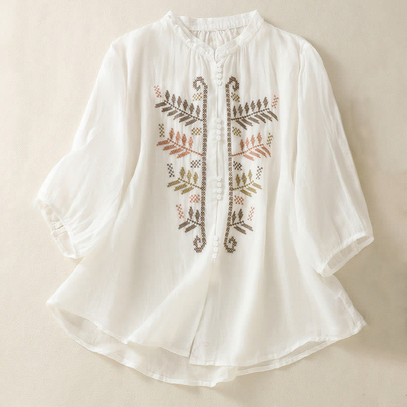 Buddha Stonesカジュアル アーティスティック 刺繍 葉っぱ柄 レディース コットンリネン 七分袖 シャツ カーディガン - 白 - US8-10,UK/AU12-14,EU40-42 (2XL) - image 14