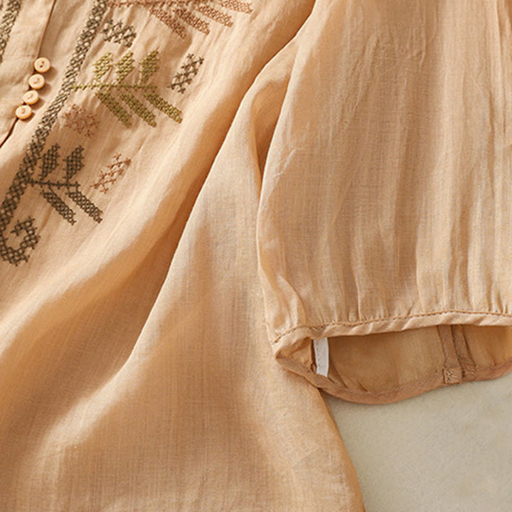 Buddha Stonesカジュアル アーティスティック 刺繍 葉っぱ柄 レディース コットンリネン 七分袖 シャツ カーディガン - image 6