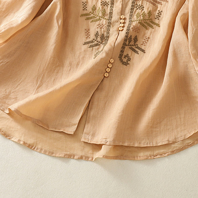 Buddha Stonesカジュアル アーティスティック 刺繍 葉っぱ柄 レディース コットンリネン 七分袖 シャツ カーディガン - image 7