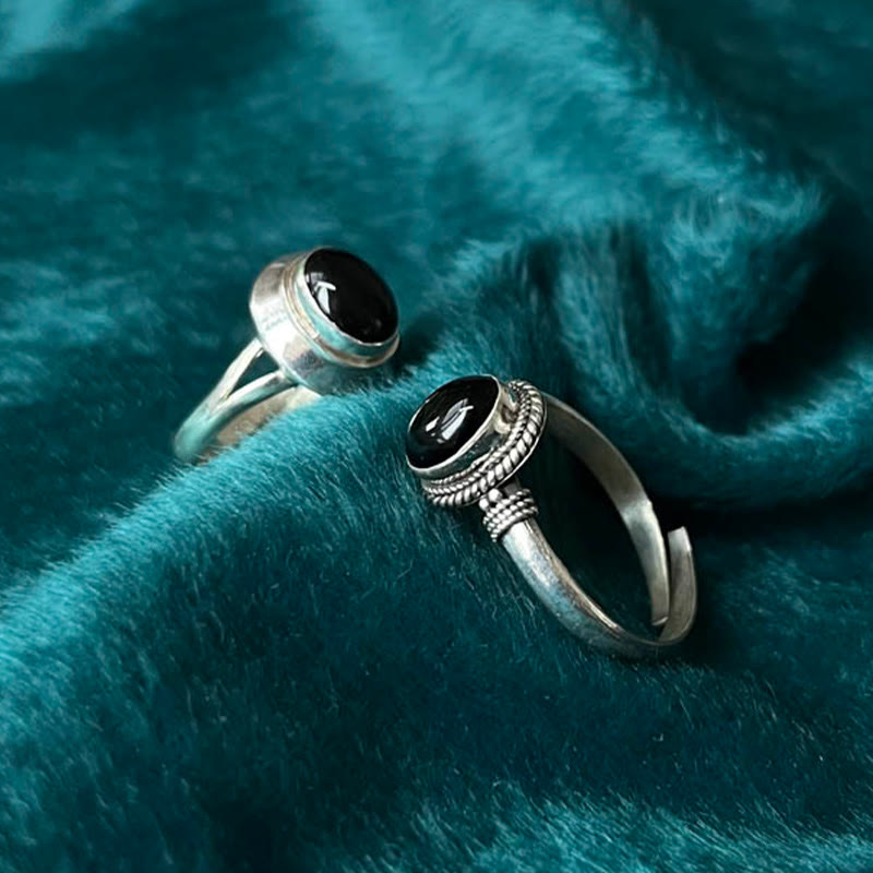 Buddha Stones 925スターリングシルバー ハンドメイド ブラックオニキス幸運繁栄調節可能リング