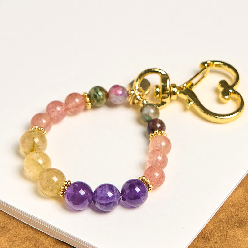 Buddha Stones天然 ストロベリークォーツ アメジスト シトリン ビーズ ラブキーチェーン 吊り下げ装飾
