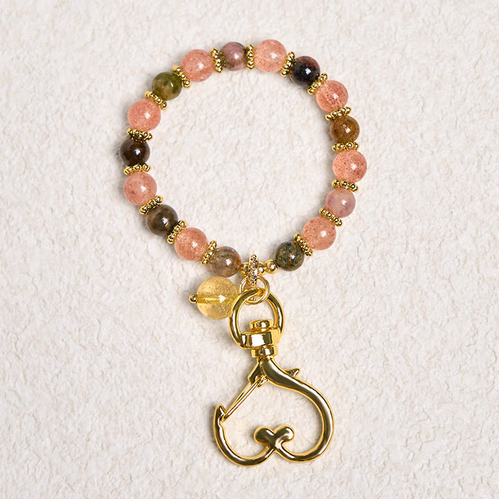 Buddha Stones天然ストロベリークォーツ クリスタルビーズ ポジティブキーチェーン 携帯電話用吊り下げ装飾