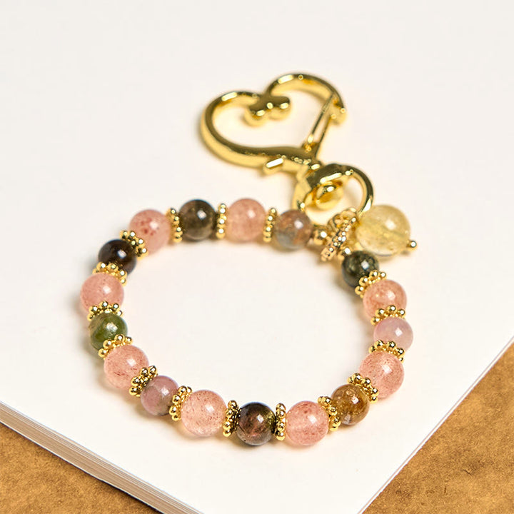 Buddha Stones天然ストロベリークォーツ クリスタルビーズ ポジティブキーチェーン 携帯電話用吊り下げ装飾