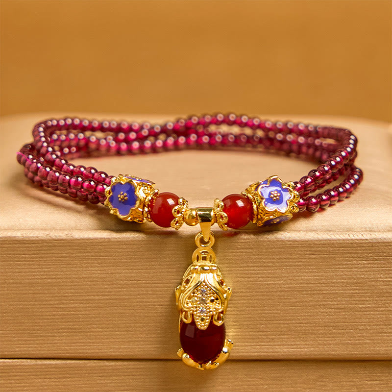天然石 3mmガーネットビーズ 貔貅 花 浄化 多層 ブレスレットBuddha Stones