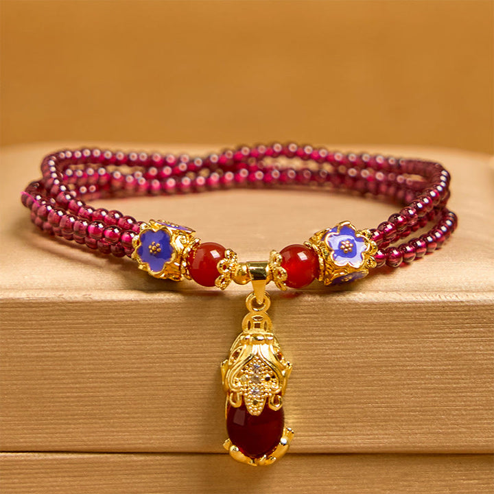 天然石 3mmガーネットビーズ 貔貅 花 浄化 多層 ブレスレットBuddha Stones