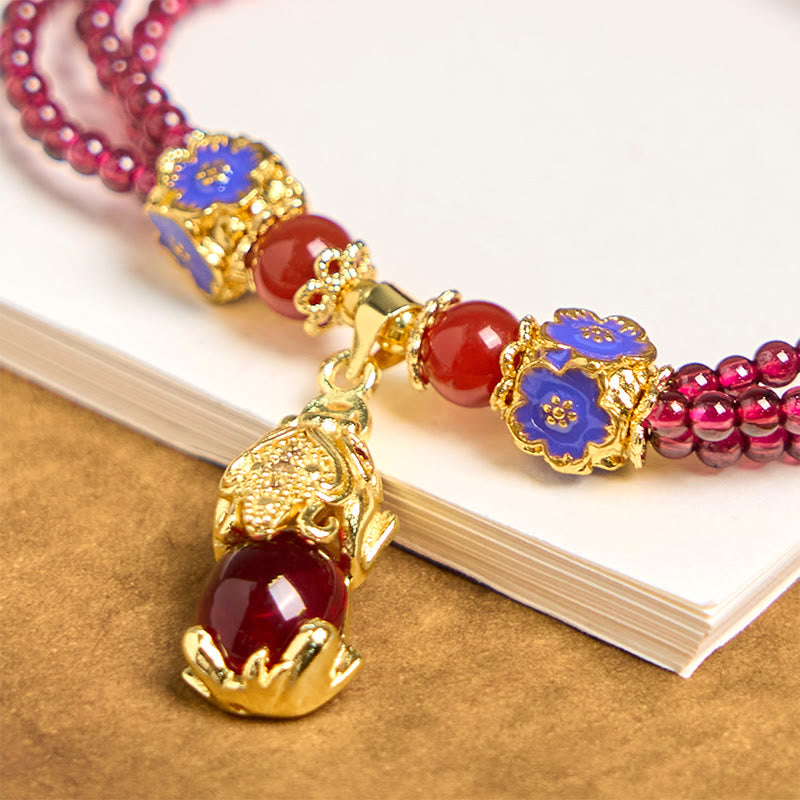 天然石 3mmガーネットビーズ 貔貅 花 浄化 多層 ブレスレットBuddha Stones