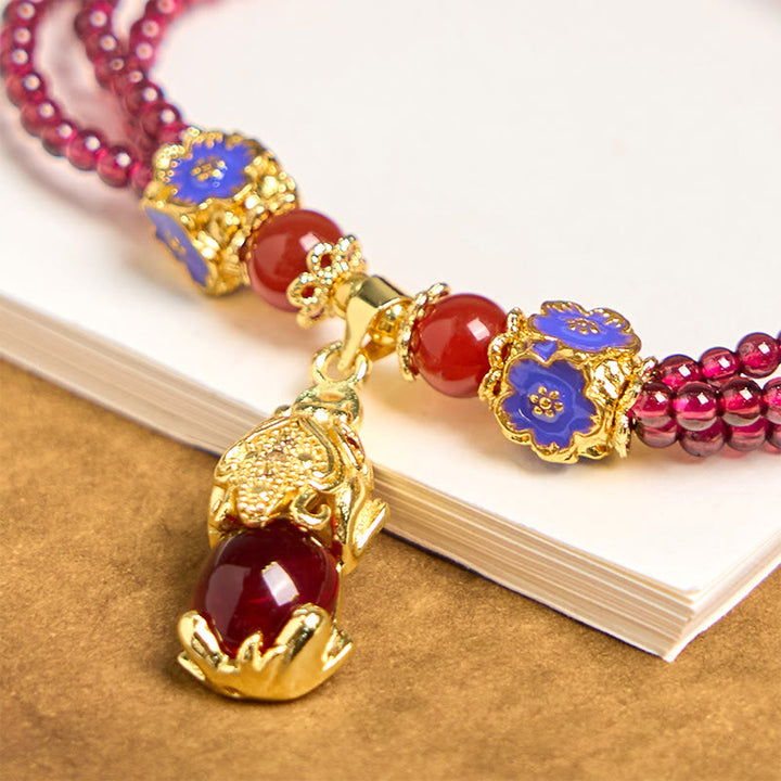 天然石 3mmガーネットビーズ 貔貅 花 浄化 多層 ブレスレットBuddha Stones