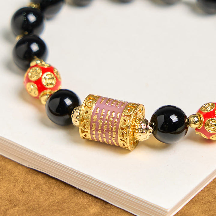 Buddha Stones天然ブラックオニキス 五経銅貨 幸運のブレスレット