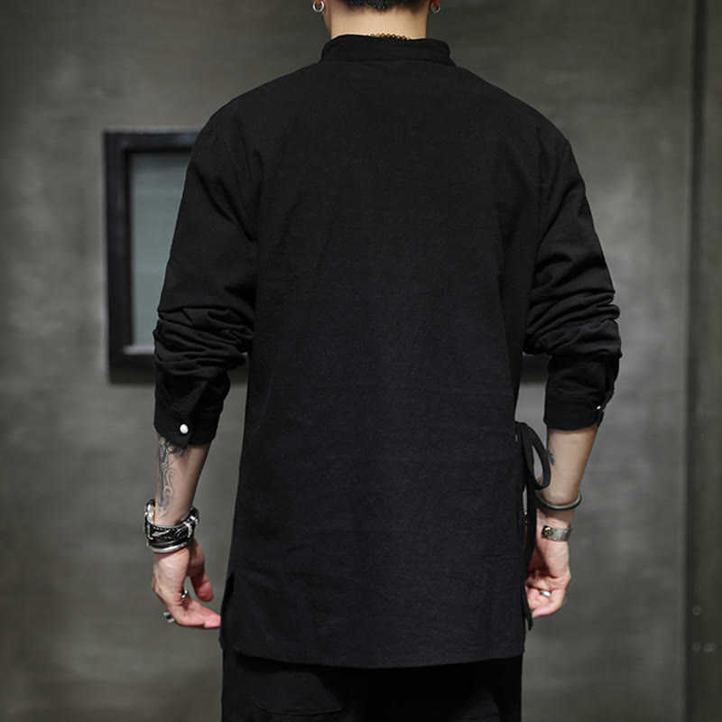 Buddha Stones無地 レースアップ シンプル ボタンデザイン メンズ 長袖 コットン リネン シャツ 服 - image 5