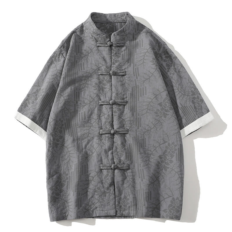Buddha Stonesカジュアル サマー ジャカード 花柄 カエルボタン メンズ スタンドカラー コントラストカラー 半袖 コットン カーディガン シャツ