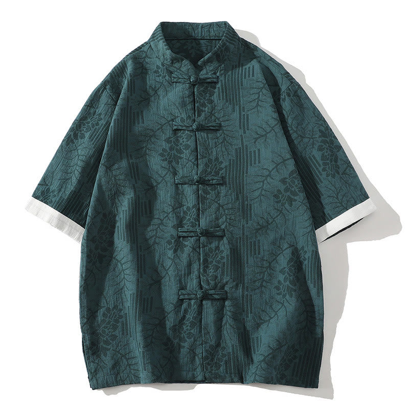 Buddha Stonesカジュアル サマー ジャカード 花柄 カエルボタン メンズ スタンドカラー コントラストカラー 半袖 コットン カーディガン シャツ
