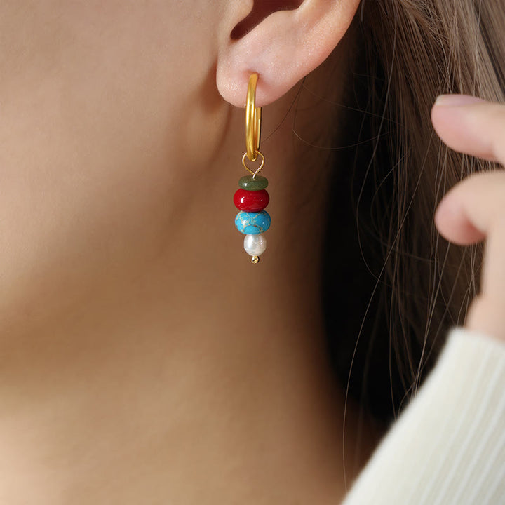 Buddha Stonesチベット マルニ石デザイン 天然赤瑪瑙パール コンフィデンス チタンスチールイヤリング