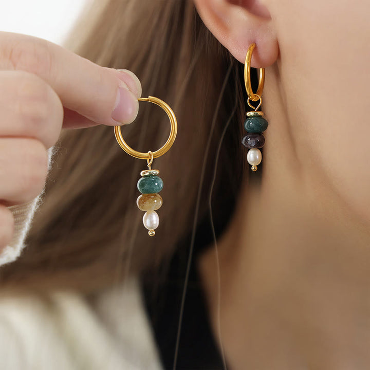 Buddha Stonesチベット マルニ石デザイン 天然赤瑪瑙パール コンフィデンス チタンスチールイヤリング