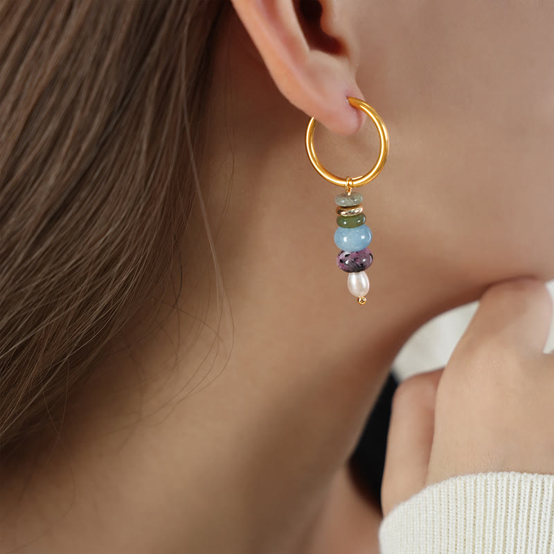 Buddha Stonesチベット マルニ石デザイン 天然赤瑪瑙パール コンフィデンス チタンスチールイヤリング