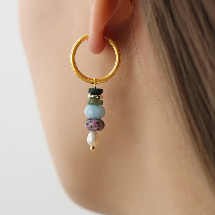 Buddha Stonesチベット マルニ石デザイン 天然赤瑪瑙パール コンフィデンス チタンスチールイヤリング