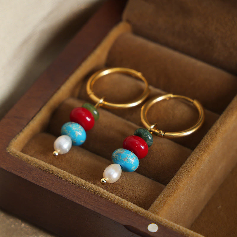 Buddha Stonesチベット マルニ石デザイン 天然赤瑪瑙パール コンフィデンス チタンスチールイヤリング