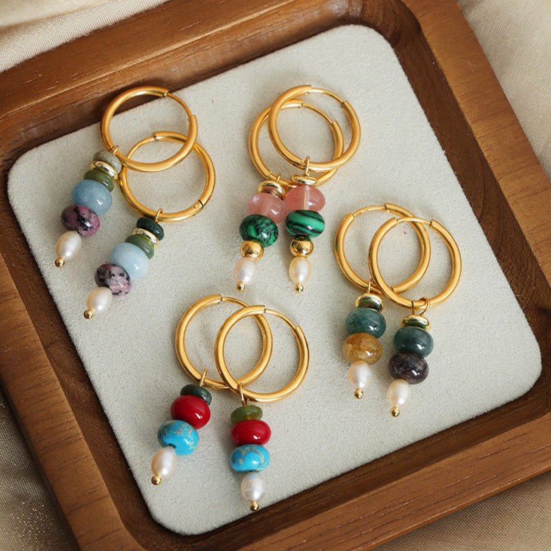 Buddha Stonesチベット マルニ石デザイン 天然赤瑪瑙パール コンフィデンス チタンスチールイヤリング