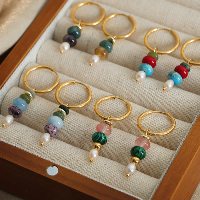 Buddha Stonesチベット マルニ石デザイン 天然赤瑪瑙パール コンフィデンス チタンスチールイヤリング