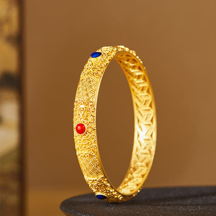 Buddha Stones925 スターリングシルバー ゴールデン 縁起の良い雲 中空デザイン守護ブレスレットバングル 2.20インチ (56 MM)