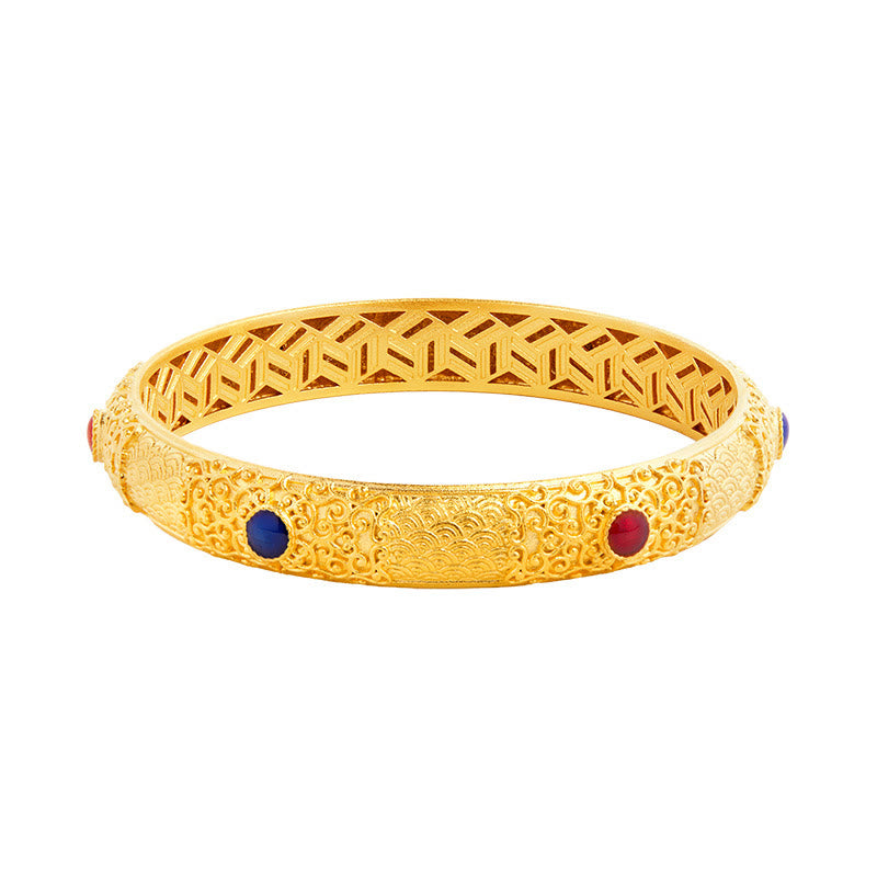 Buddha Stones925 スターリングシルバー ゴールデン 縁起の良い雲 中空デザイン守護ブレスレットバングル 2.20インチ (56 MM)