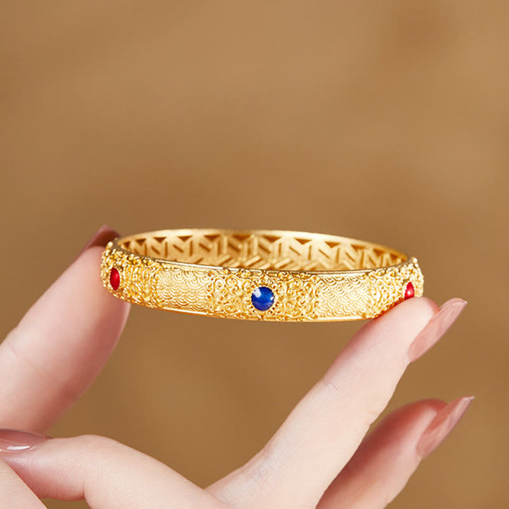 Buddha Stones925 スターリングシルバー ゴールデン 縁起の良い雲 中空デザイン守護ブレスレットバングル 2.20インチ (56 MM)