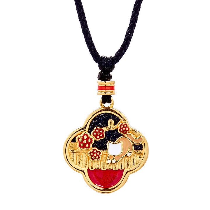 Buddha Stones925スターリングシルバー プラムブロッサムキャット 四つ葉のクローバー 祝福ネックレスペンダント - image 10