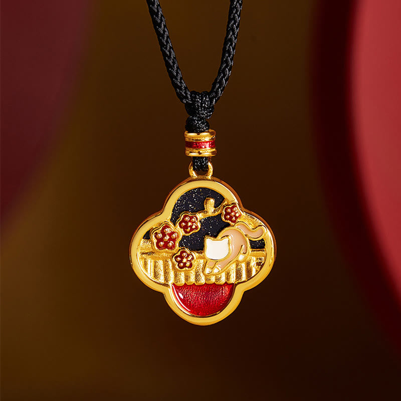 Buddha Stones925スターリングシルバー プラムブロッサムキャット 四つ葉のクローバー 祝福ネックレスペンダント - 925スターリングシルバー - image 1