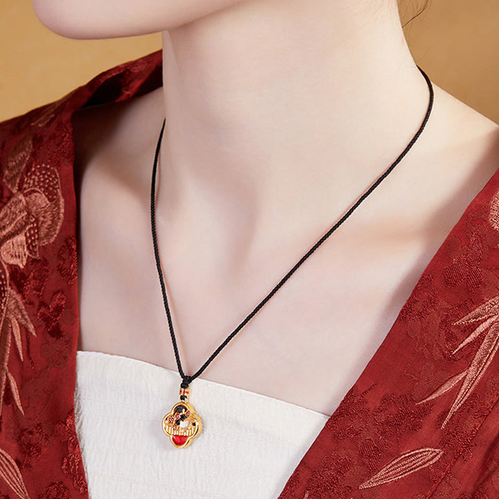 Buddha Stones925スターリングシルバー プラムブロッサムキャット 四つ葉のクローバー 祝福ネックレスペンダント - image 5