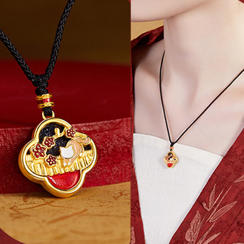 Buddha Stones925スターリングシルバー プラムブロッサムキャット 四つ葉のクローバー 祝福ネックレスペンダント - image 9