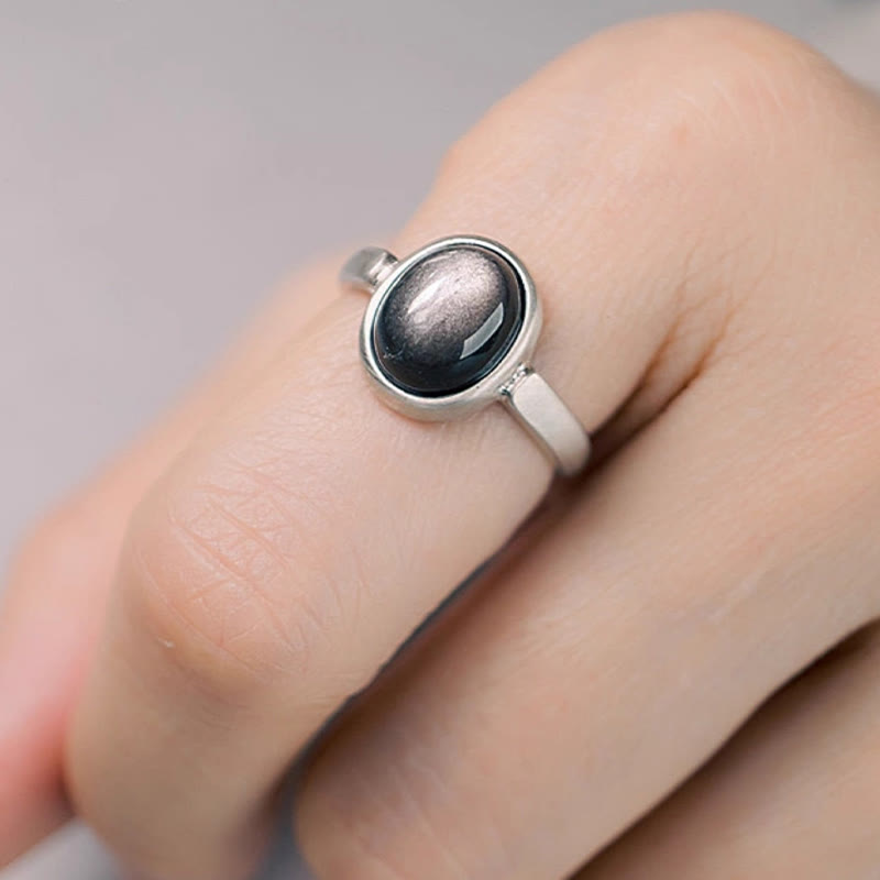 Buddha Stones天然 925 スターリングシルバー シルバーシーンオブシディアン 調節可能 プロテクションリング