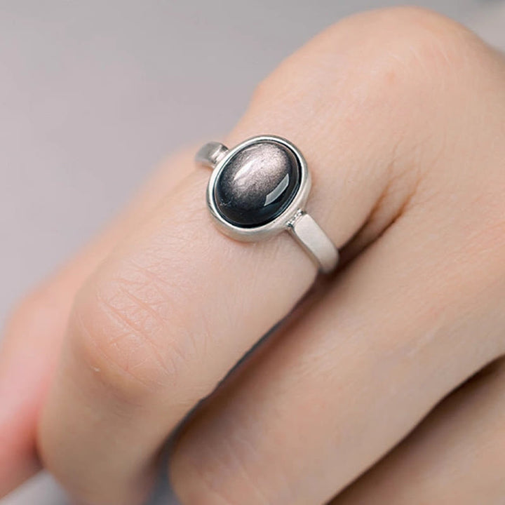 Buddha Stones天然 925 スターリングシルバー シルバーシーンオブシディアン 調節可能 プロテクションリング