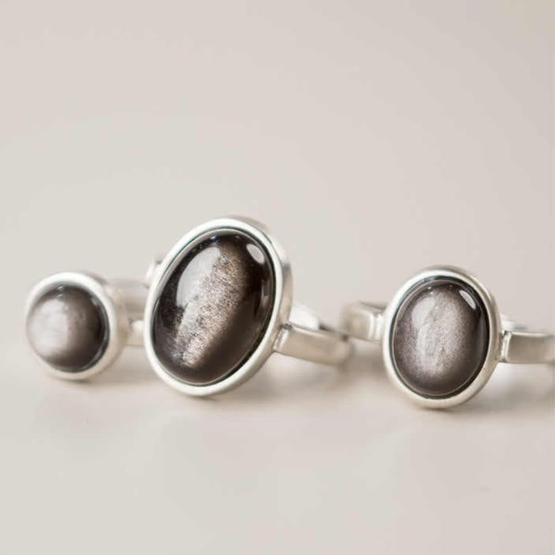 Buddha Stones天然 925 スターリングシルバー シルバーシーンオブシディアン 調節可能 プロテクションリング