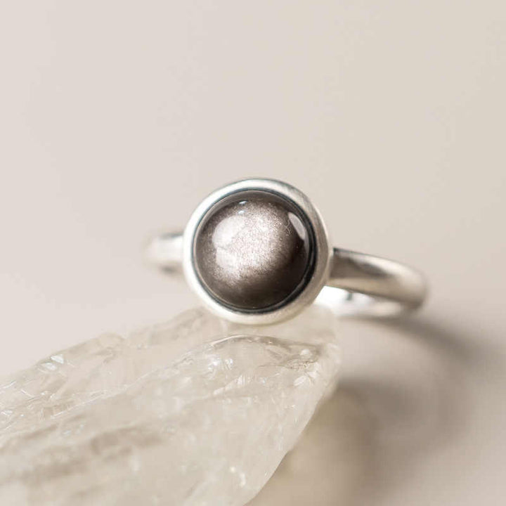 Buddha Stones天然 925 スターリングシルバー シルバーシーンオブシディアン 調節可能 プロテクションリング