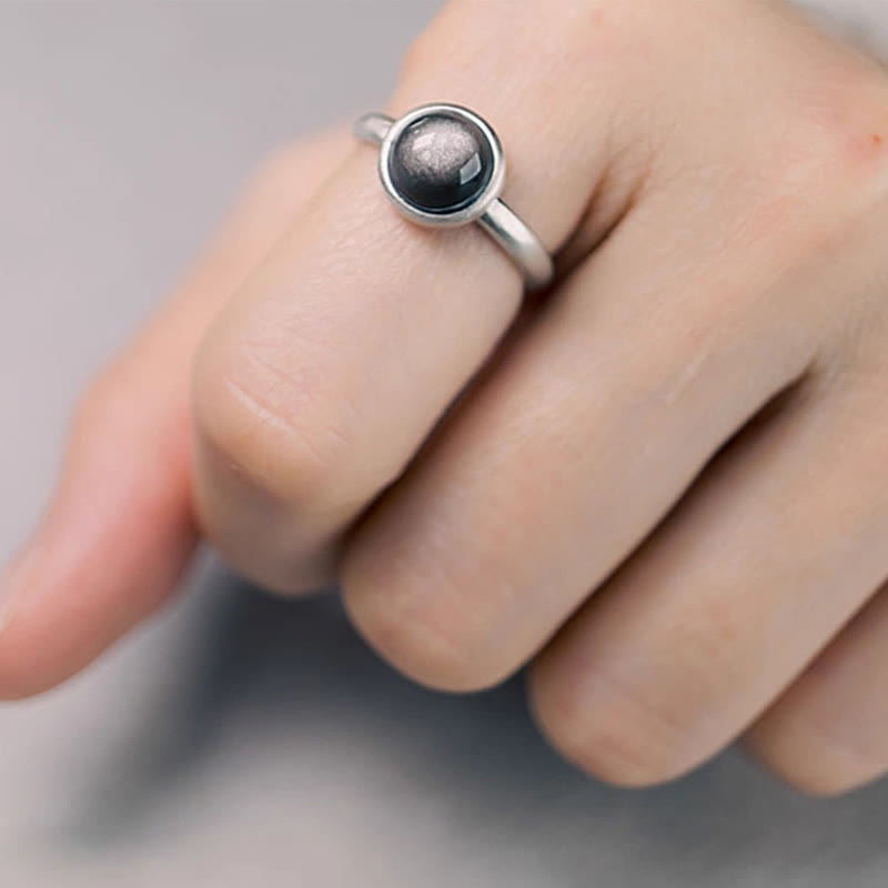 Buddha Stones天然 925 スターリングシルバー シルバーシーンオブシディアン 調節可能 プロテクションリング