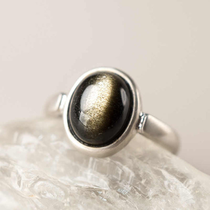 Buddha Stones天然 925 スターリングシルバー ゴールドシーン オブシディアン 調節可能 富の指輪