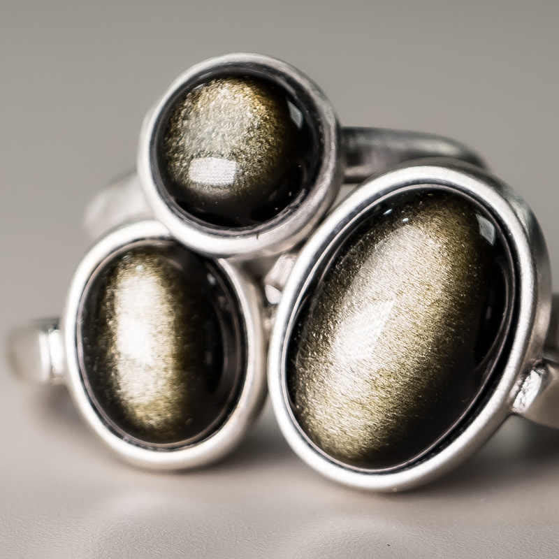 Buddha Stones天然 925 スターリングシルバー ゴールドシーン オブシディアン 調節可能 富の指輪