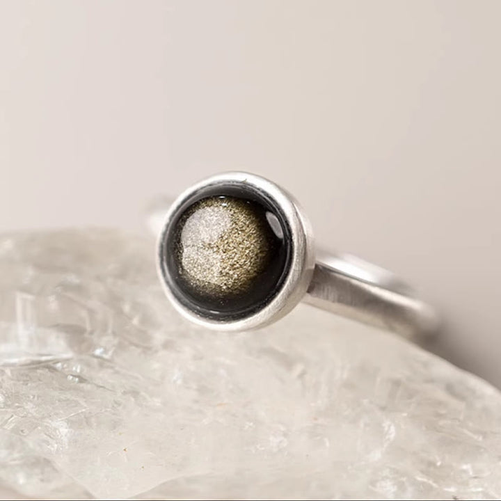 Buddha Stones天然 925 スターリングシルバー ゴールドシーン オブシディアン 調節可能 富の指輪