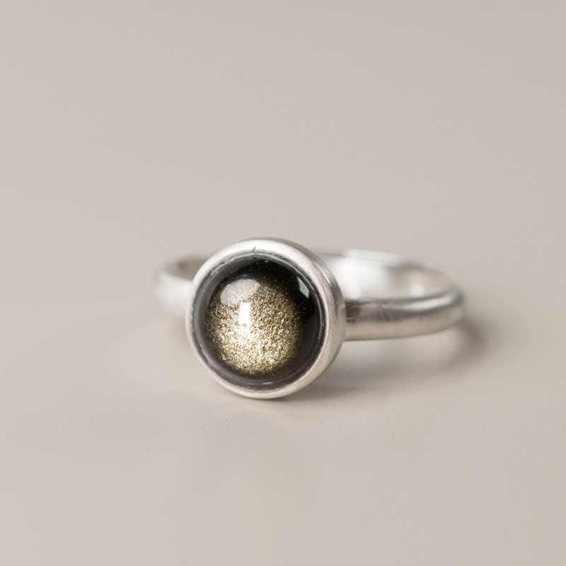 Buddha Stones天然 925 スターリングシルバー ゴールドシーン オブシディアン 調節可能 富の指輪