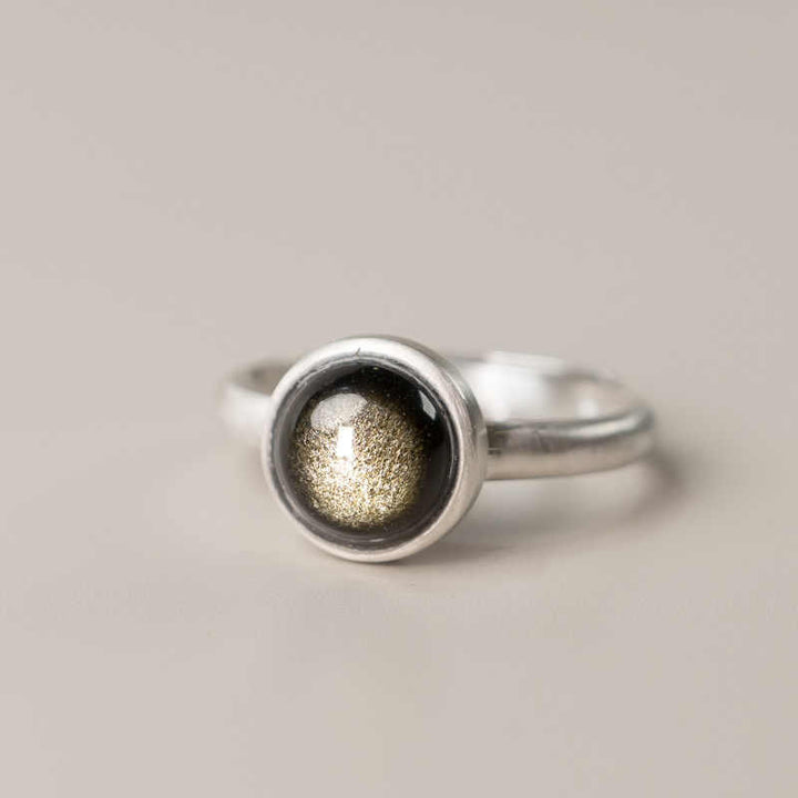 Buddha Stones天然 925 スターリングシルバー ゴールドシーン オブシディアン 調節可能 富の指輪