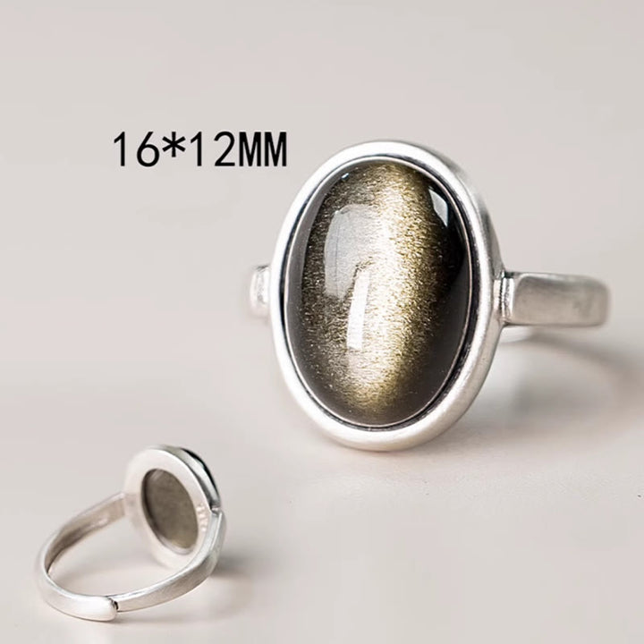 Buddha Stones天然 925 スターリングシルバー ゴールドシーン オブシディアン 調節可能 富の指輪