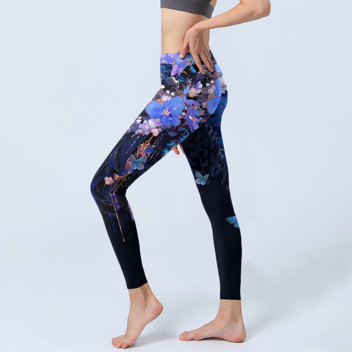 Buddha Stones紫色の花と蝶の模様プリント ジムレギンス レディース ヨガパンツ - image 3