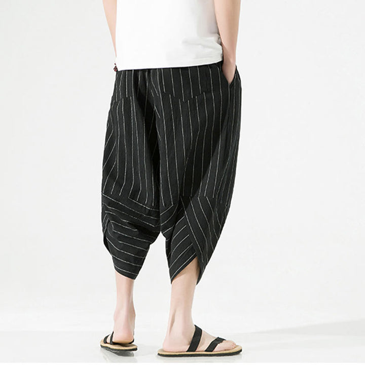 Buddha Stonesカジュアル 無地 ストライプ柄 ドローストリング メンズ 7-8丈 コットンリネン ハーレムパンツ ポケット付き - image 4