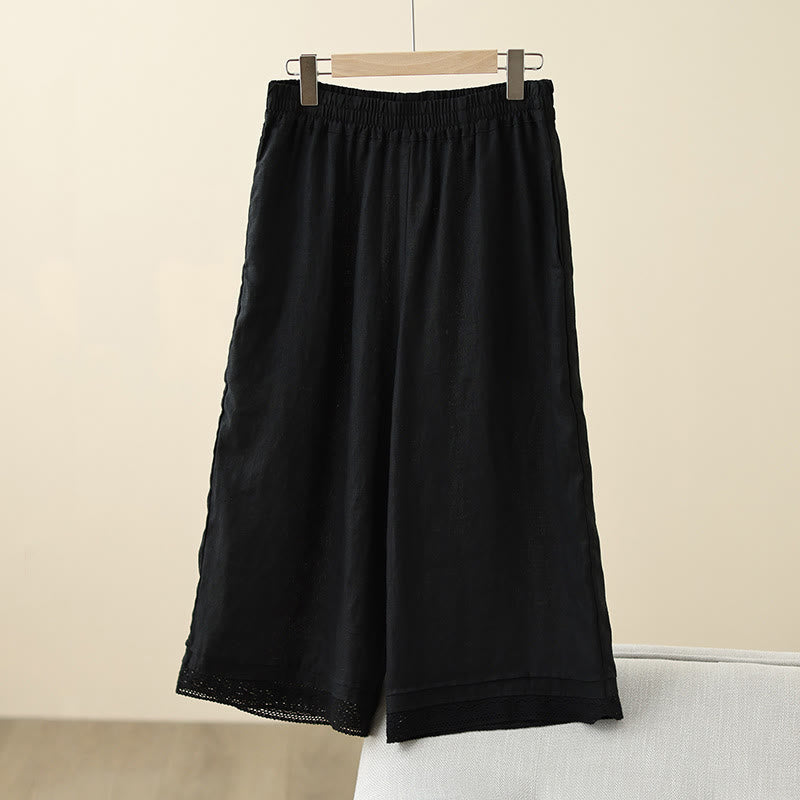 Buddha Stones通勤用 レトロ 無地 レース パッチワークデザイン 7-8丈 レディース ワイドレッグ コットンパンツ ポケット付き